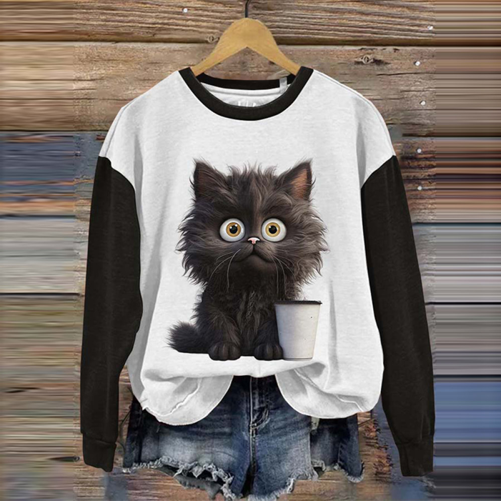 Women's Grumpy Moring Coffee Black Cat Print Sweatshirt