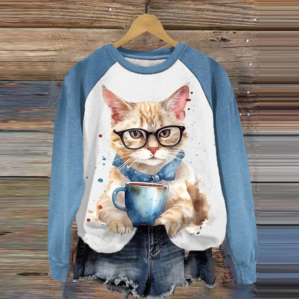 Women's Grumpy Moring Coffee Cat Color Block Print Sweatshirt