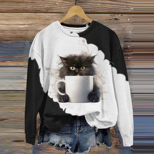 Women's Grumpy Moring Coffee Cat Color Block Sweatshirt