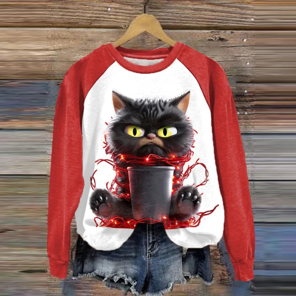 Women's Grumpy Moring Coffee Cat Lantern Print Casual Sweatshirt