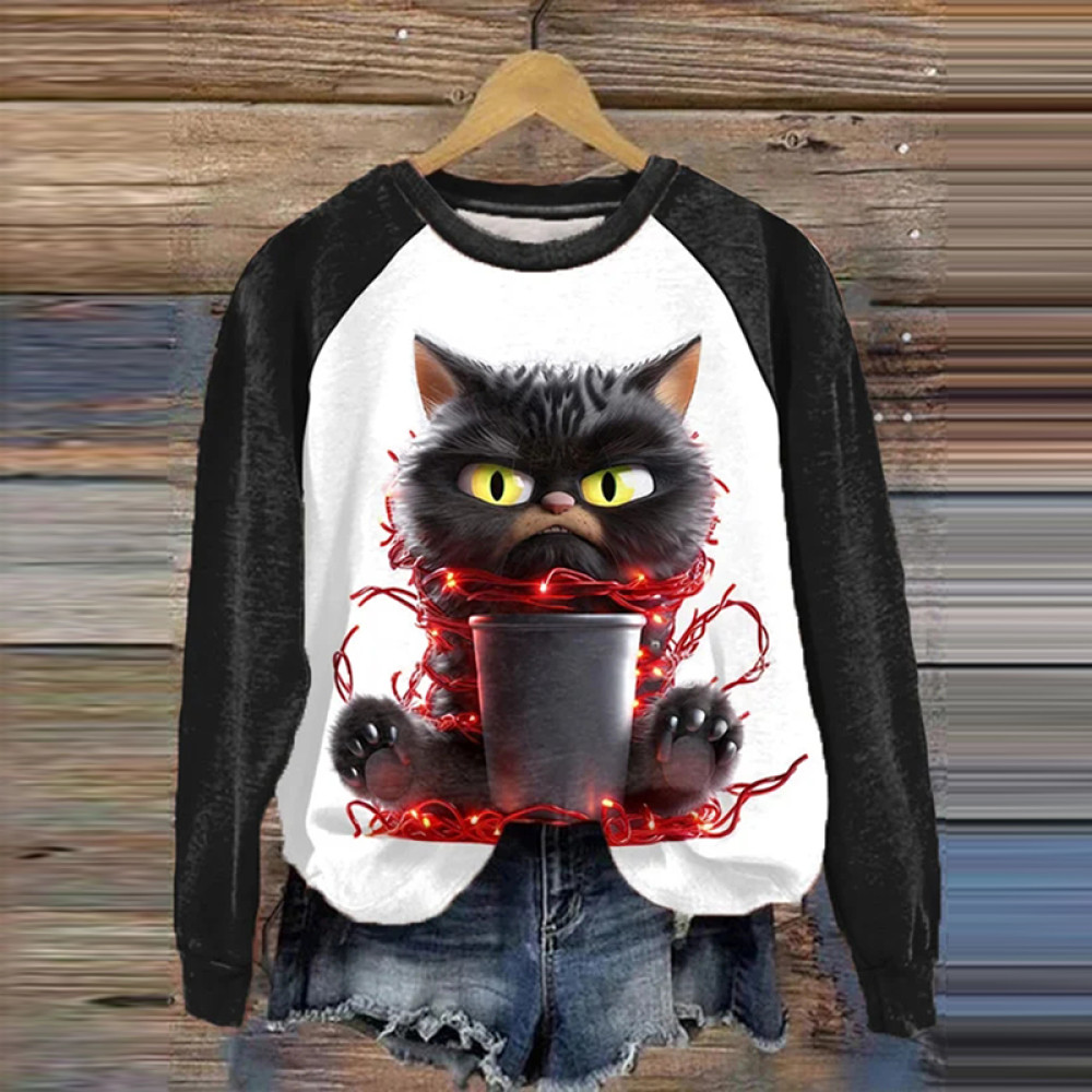 Women's Grumpy Moring Coffee Cat Lantern Print Casual Sweatshirt