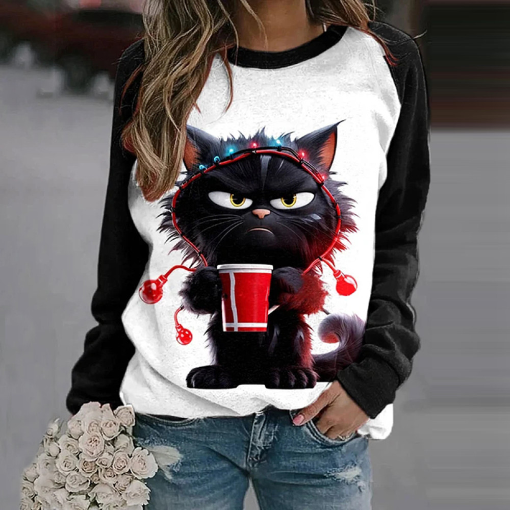 Women's Grumpy Moring Coffee Cat Lantern Print Sweatshirt