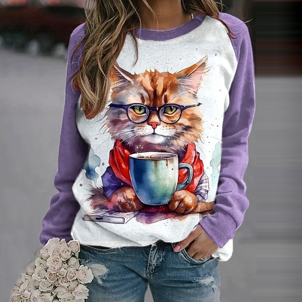 Women's Grumpy Moring Coffee Cat Watercolor Print Sweatshirt