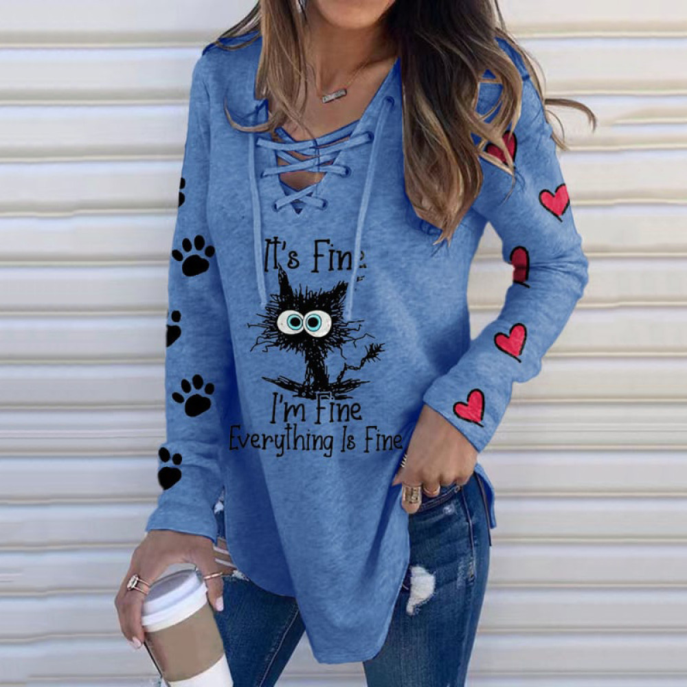 Women's I'm Fine Everything Is Fine Print Lace Up V Neck Long Sleeve T-Shirt