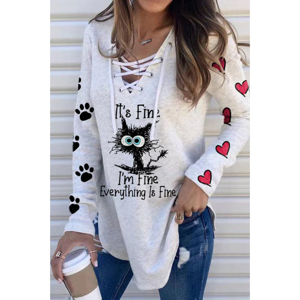 Women's I'm Fine Everything Is Fine Print Lace Up V Neck Long Sleeve T-Shirt
