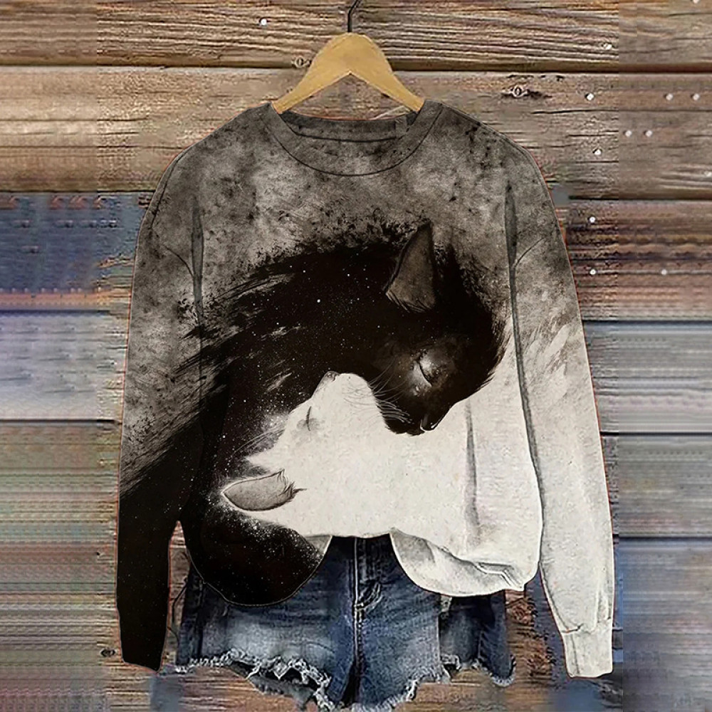 Women's Ink Black Cat And White Cat Yin Yang Tai Ji Print Sweatshirt