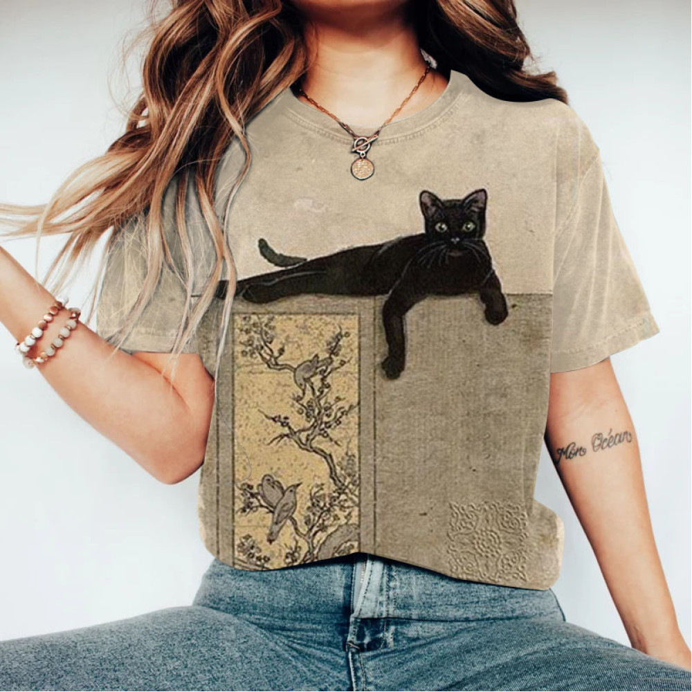 Women's Japanese Art Floral Cat Casual T-Shirt
