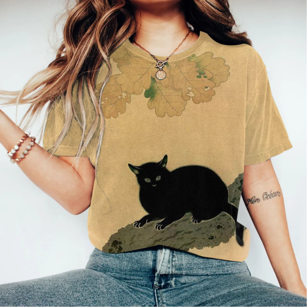 Women's Japanese Art Floral Cat T-Shirt