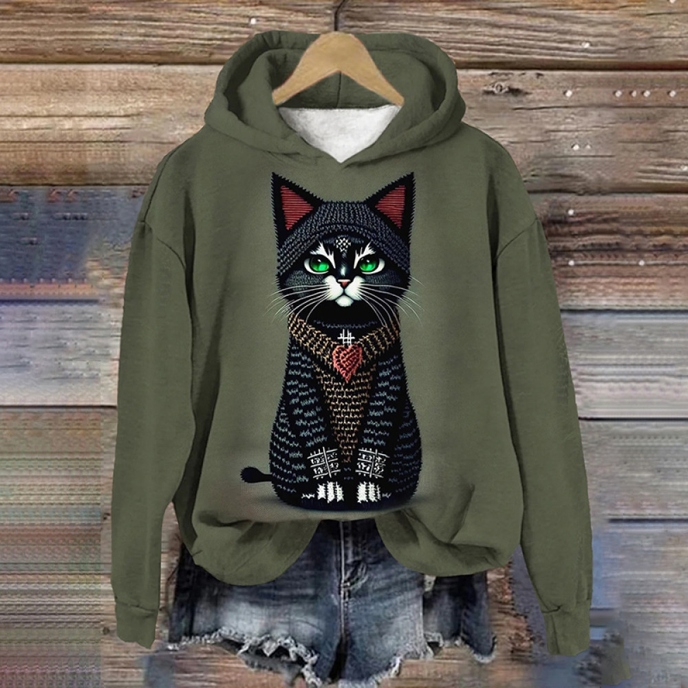 Women's Knitted Cat Graphic Print Casual Hooded Sweatshirt