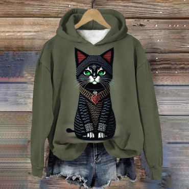 Women's Knitted Cat Graphic Print Casual Hooded Sweatshirt