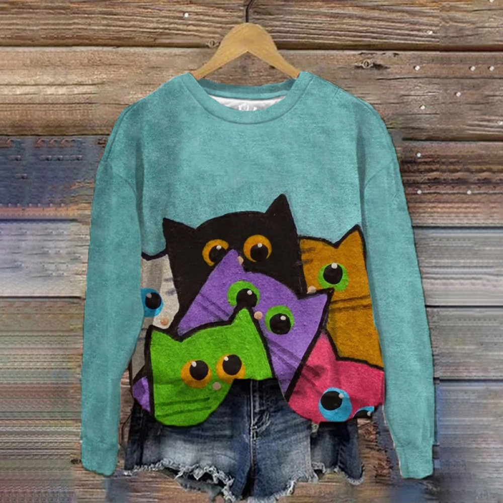 Women's Oil Painting Cute Stacked Cat Printed Sweatshirt