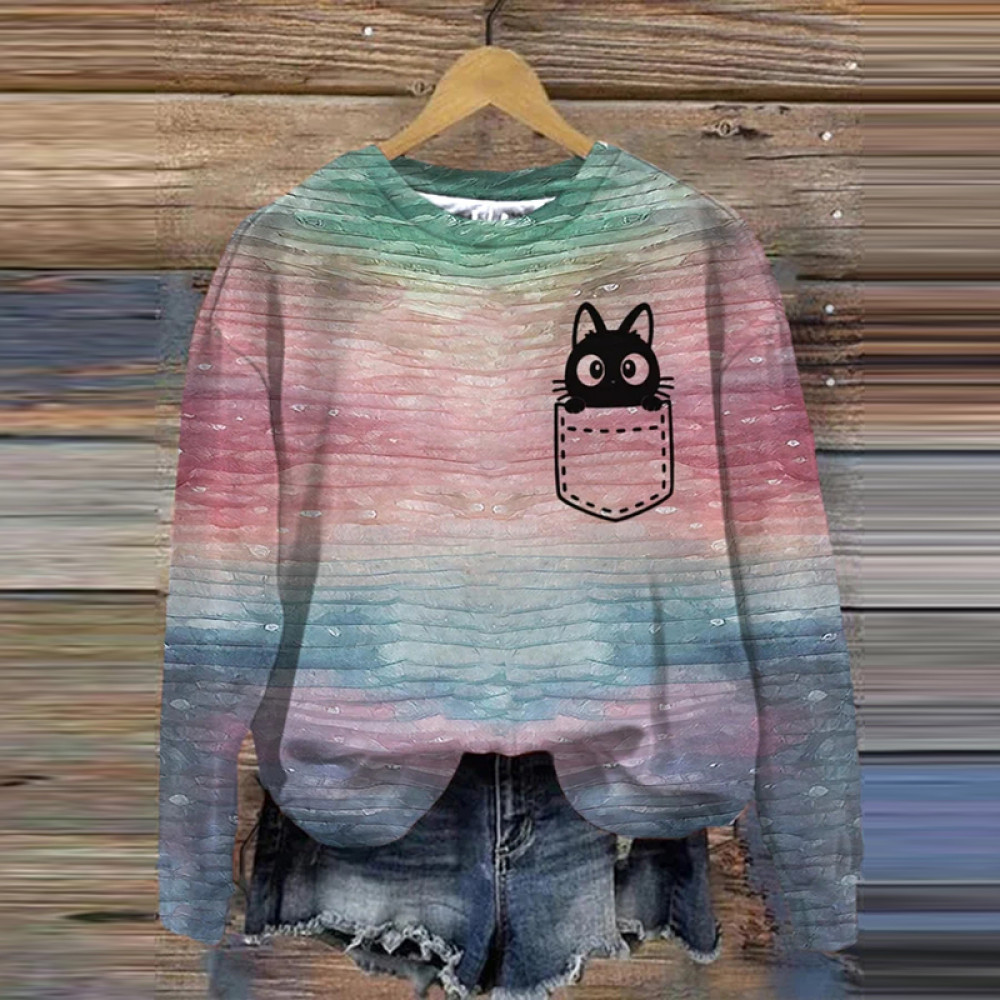 Women's Pocket Cat Retro Sweatshirt