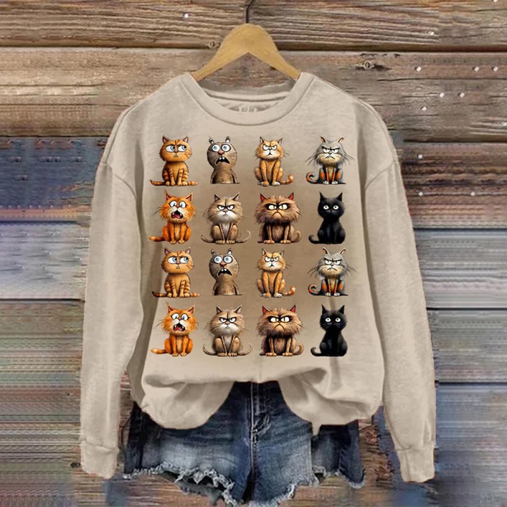 Women's Retro Watercolor Cute Cat Art Funny Casual Print Sweatshirt