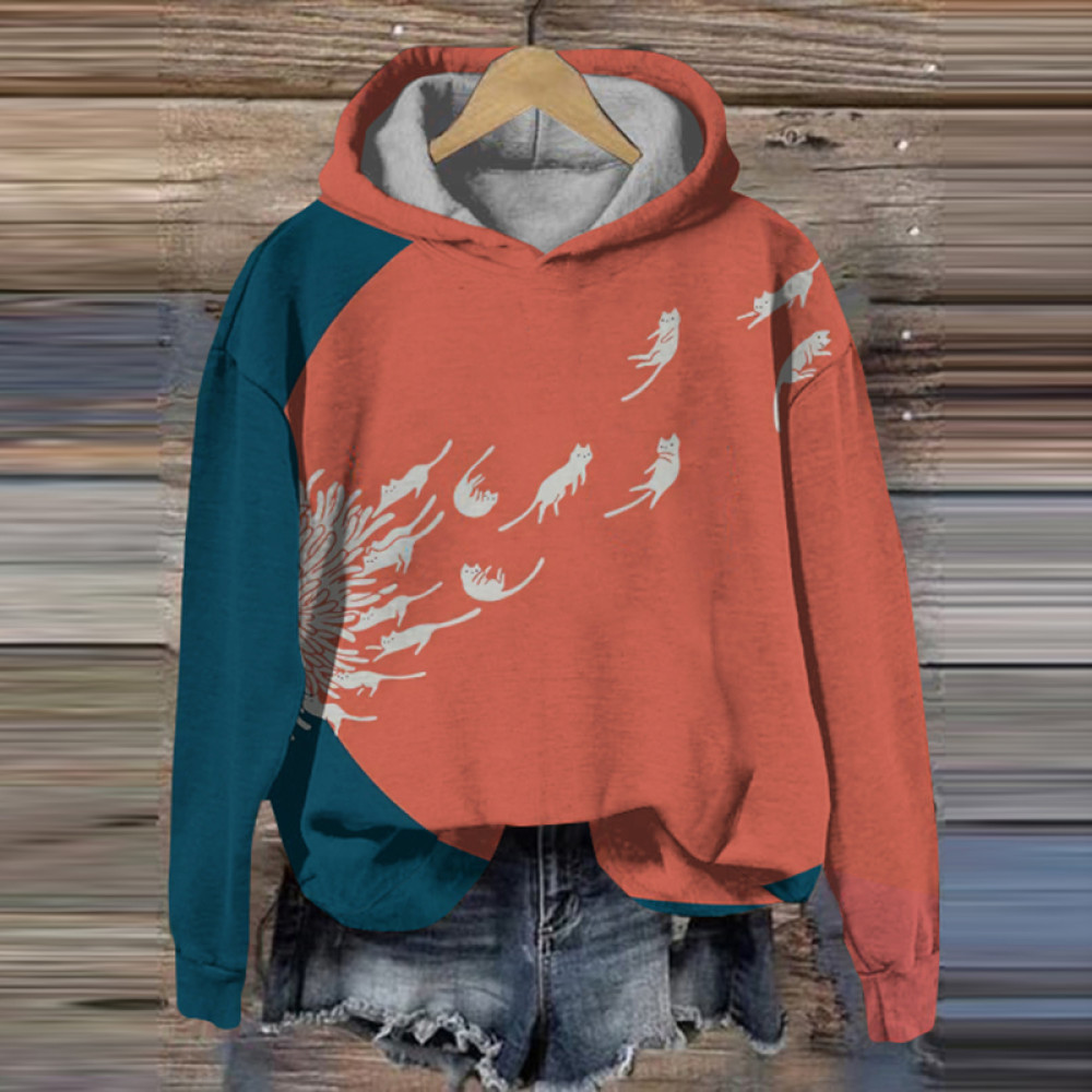 Women's Vintage Dandelion and Cat Painting Art Printed Hoodie