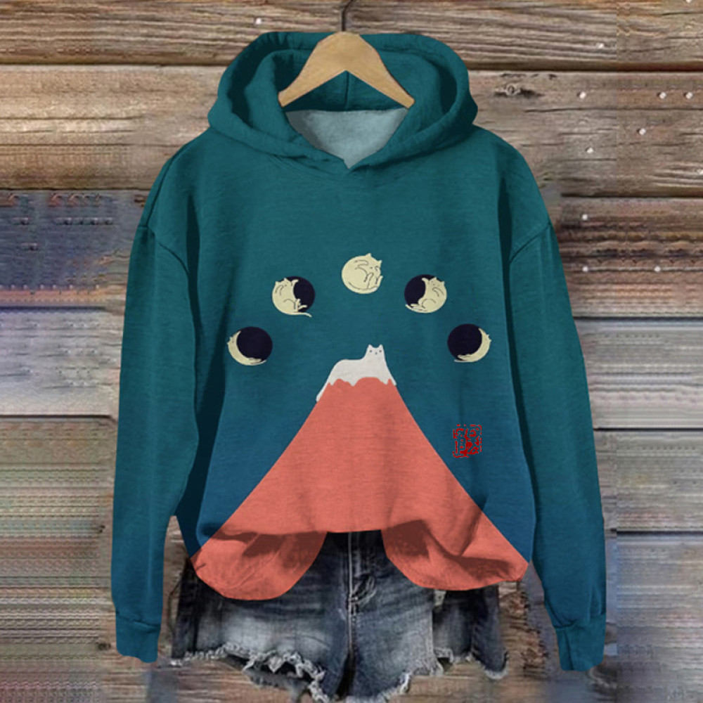 Women's Vintage Japanese Art Abstract Cat Printed Hoodie