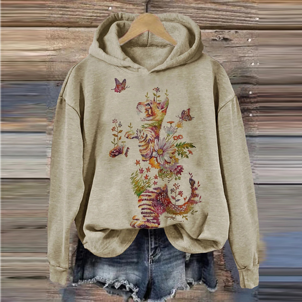 Women's Watercolor Cat And Floral Print Casual Long Sleeve Hoodie