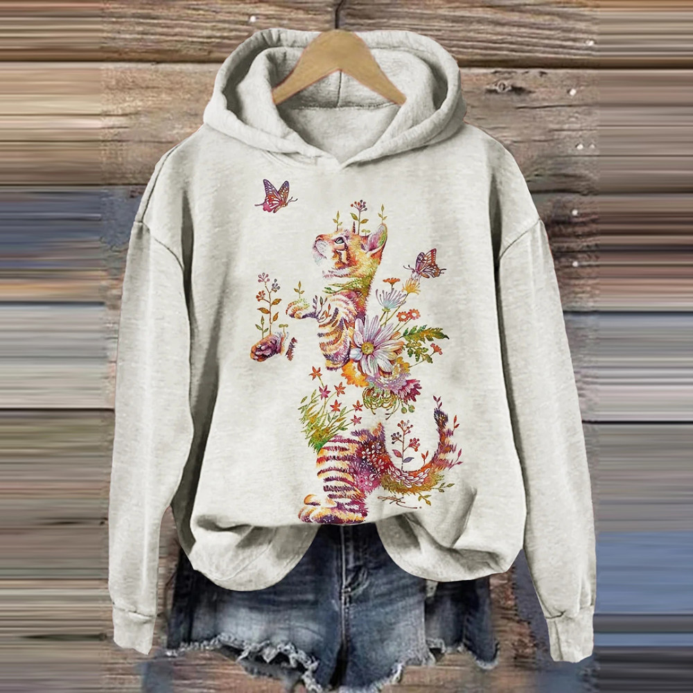 Women's Watercolor Cat And Floral Print Casual Long Sleeve Hoodie