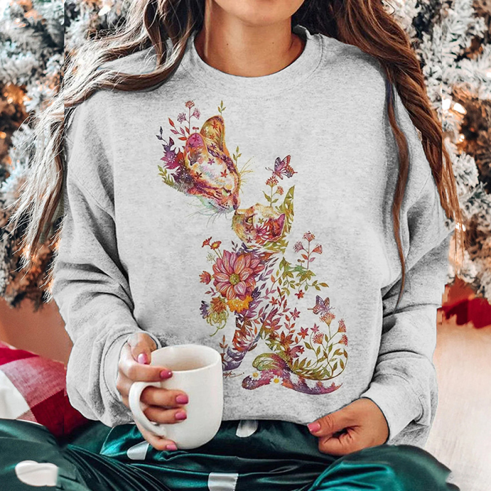 Women's Watercolor Cat Print Casual Long Sleeve Sweatshirt