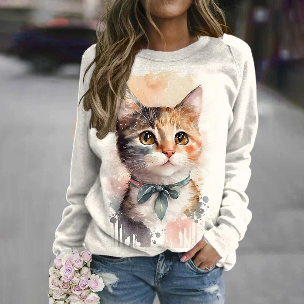 Women's Watercolor Cute Cat Art Print Casual Long Sleeve Sweatshirt
