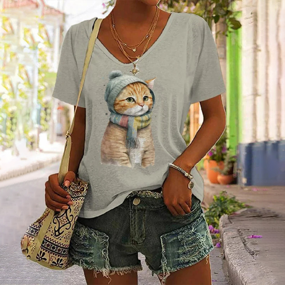Women's Winter Cat Print Casual T-Shirt