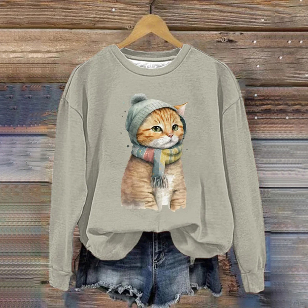 Women's Winter Cat Printed Crew Neck Sweatshirt