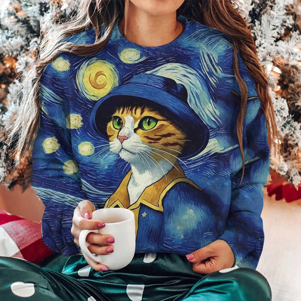 Women's Winter Funny Cute Cat Print Sweatshirt