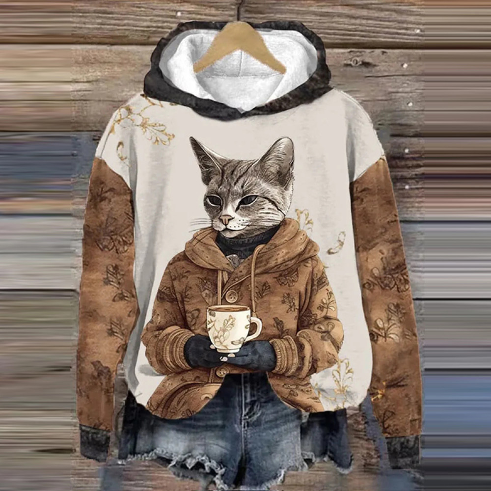 Women's Winter Funny Cute Wonderland Clothing Floral Cat Printed Hoodie