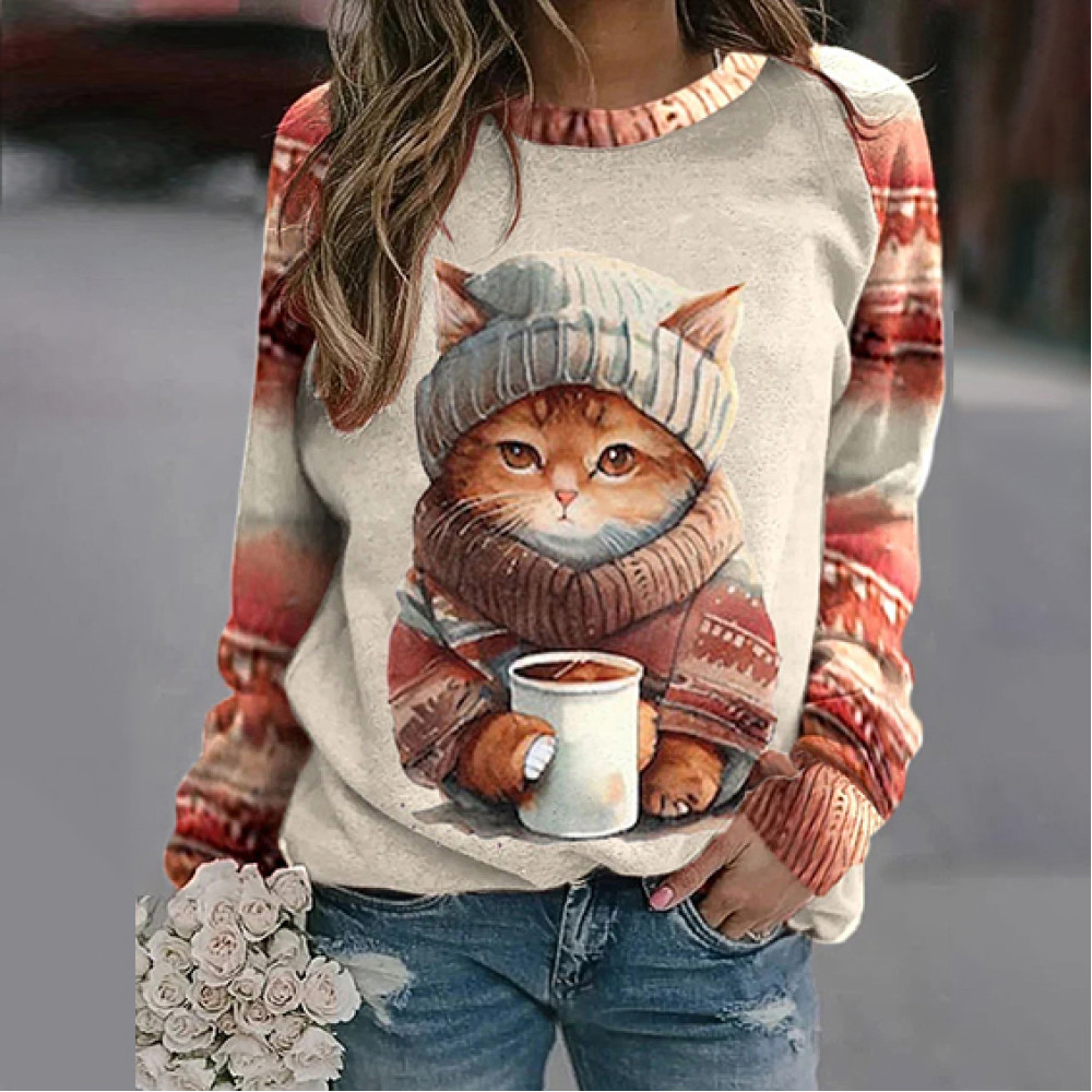 Women's Winter Funny Cute Wonderland Clothingl Clipart Cat Coffee Printed Sweatshirt