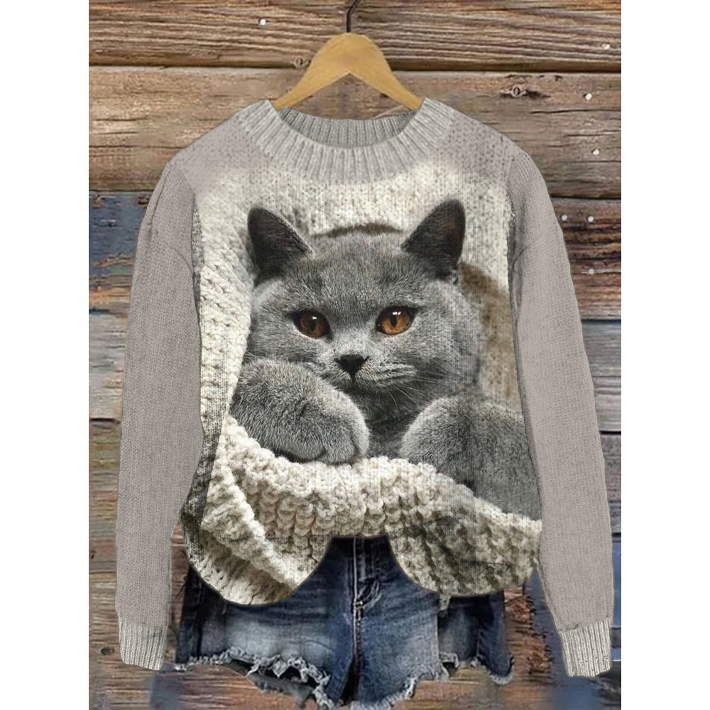 Woolen Cat Print Crew Neck Sweater