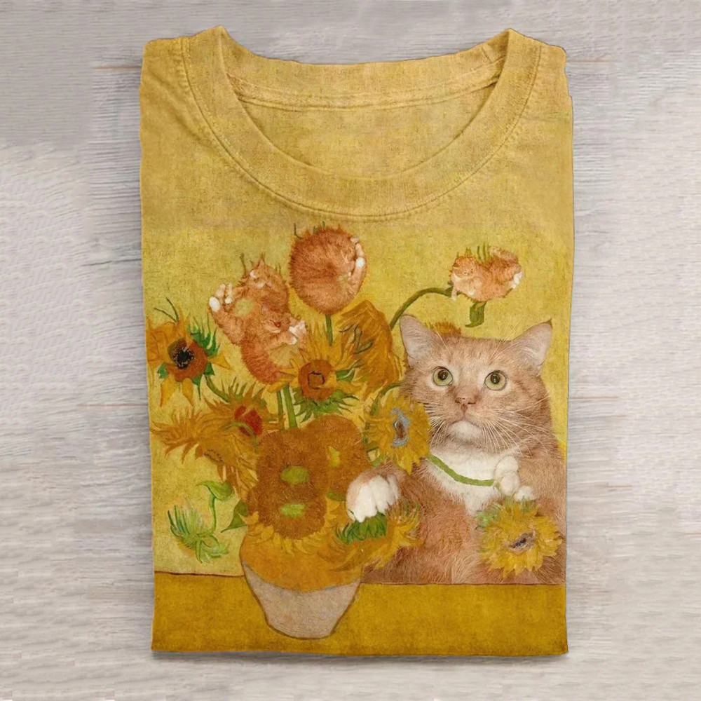 World Famous Painting Sunflower Cat Creative Design T-shirt