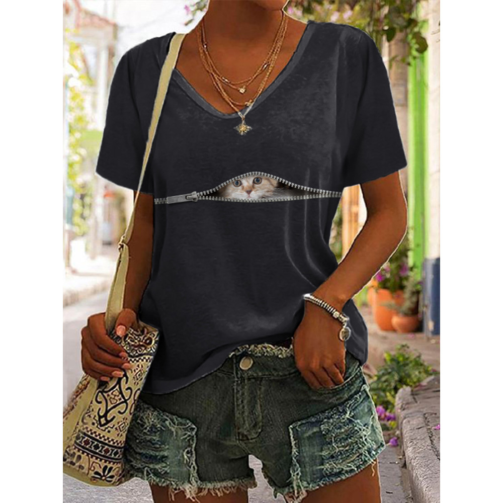 Zip Cat Print V-Neck Short Sleeve T-Shirt