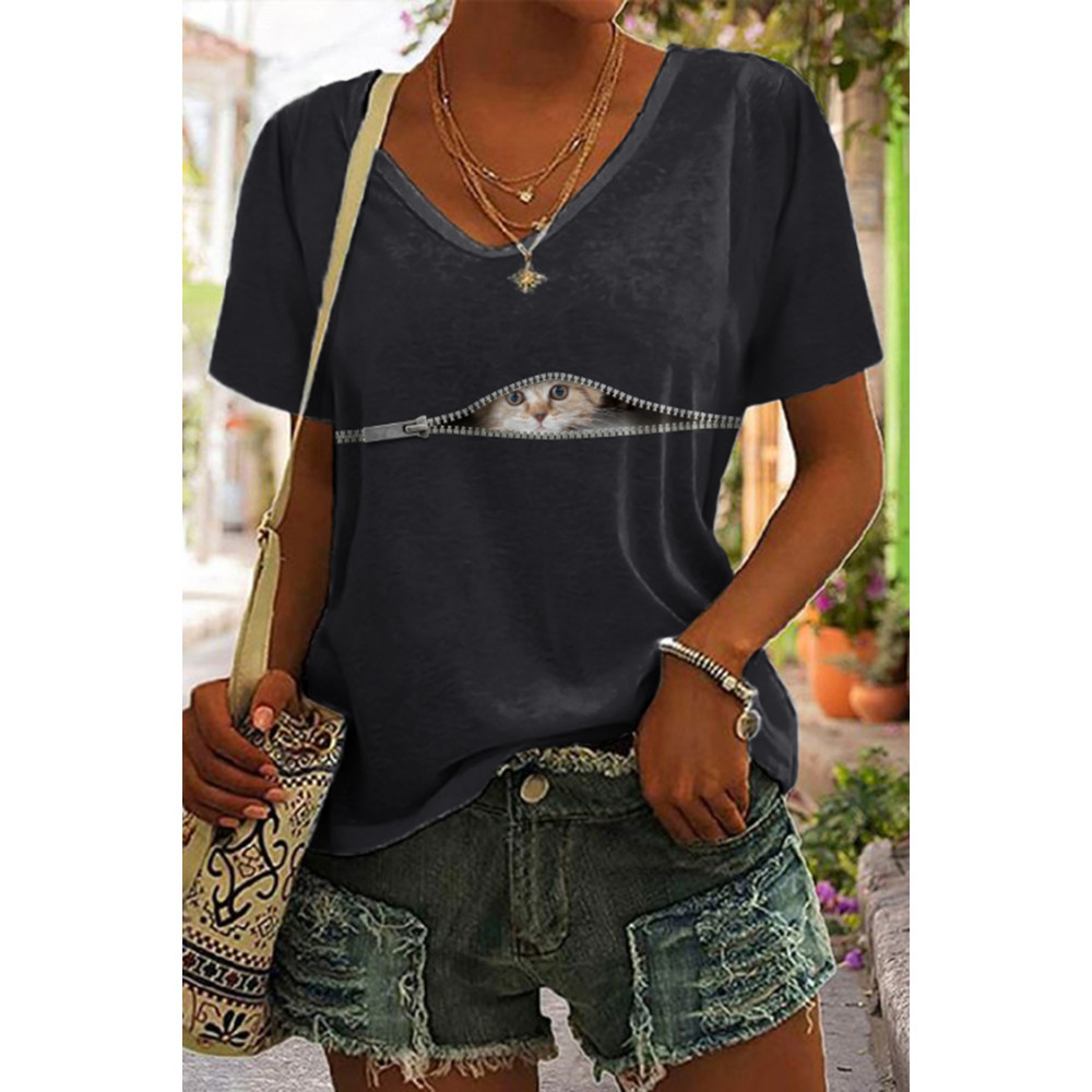 Zip Cat Print V-Neck Short Sleeve T-Shirt