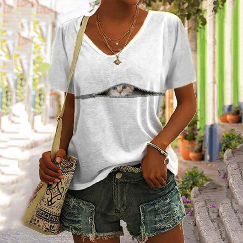 Zip Cat Print V-Neck Short Sleeve T-Shirt