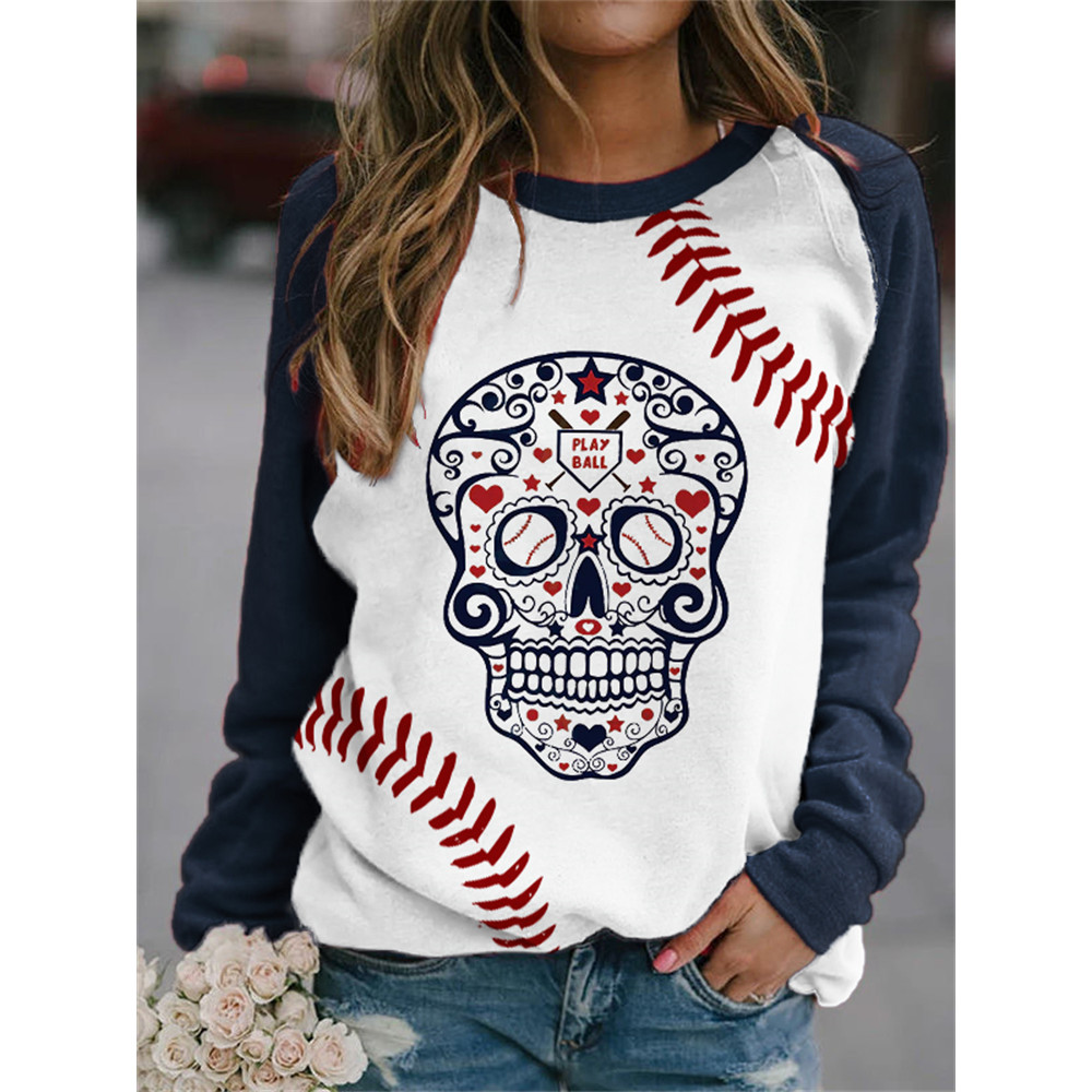 Baseball Skull Colorblock Crewneck Sweatshirt