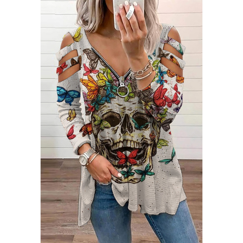 Butterfly Skull Print Cutout T-Shirt