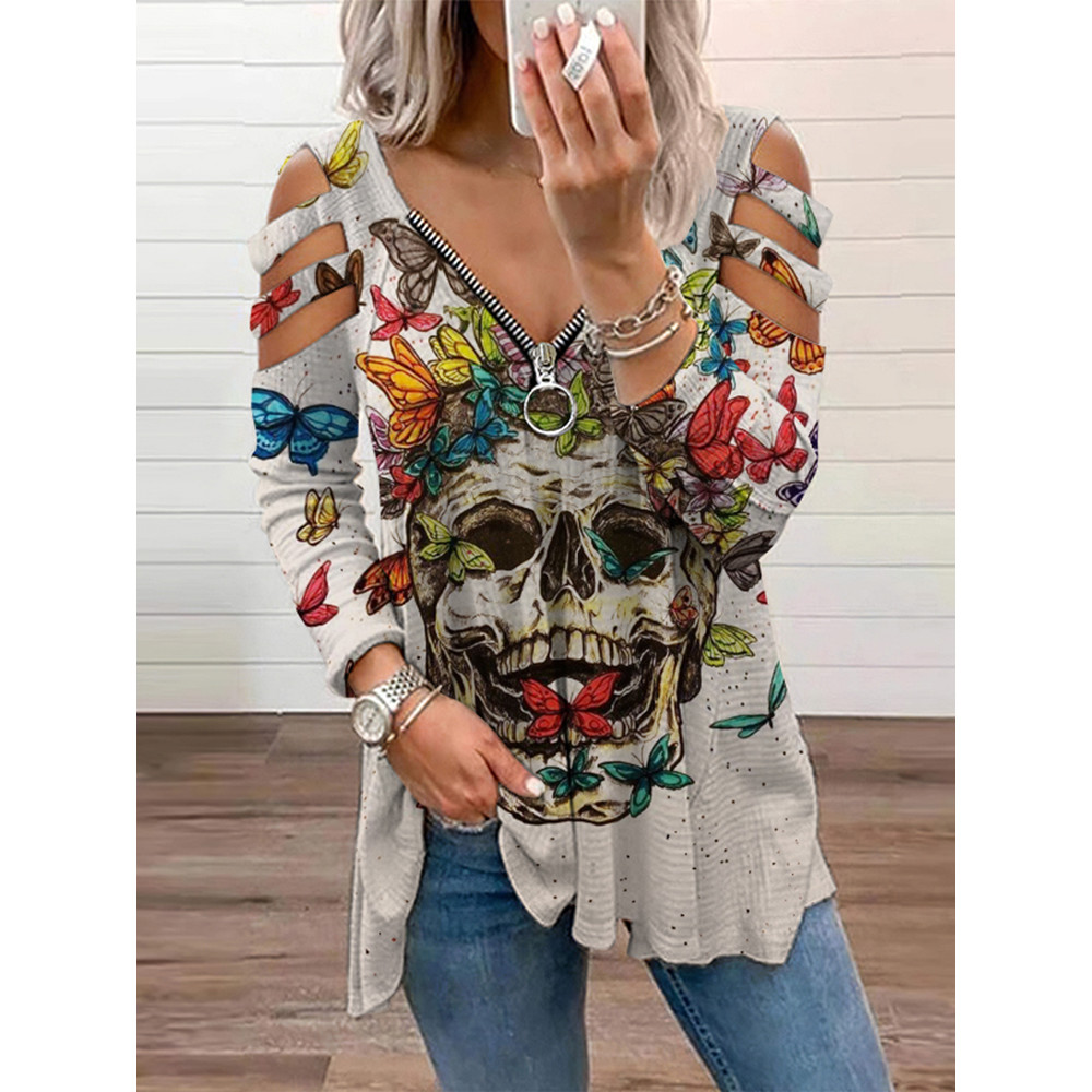 Butterfly Skull Print Cutout T-Shirt