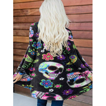 Cashew Flower Skull Print Long Sleeve Cardigan
