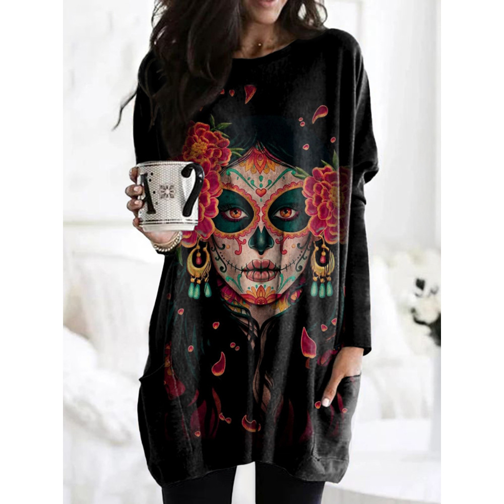 Casual Floral Queen Of The Dead Print Tunic