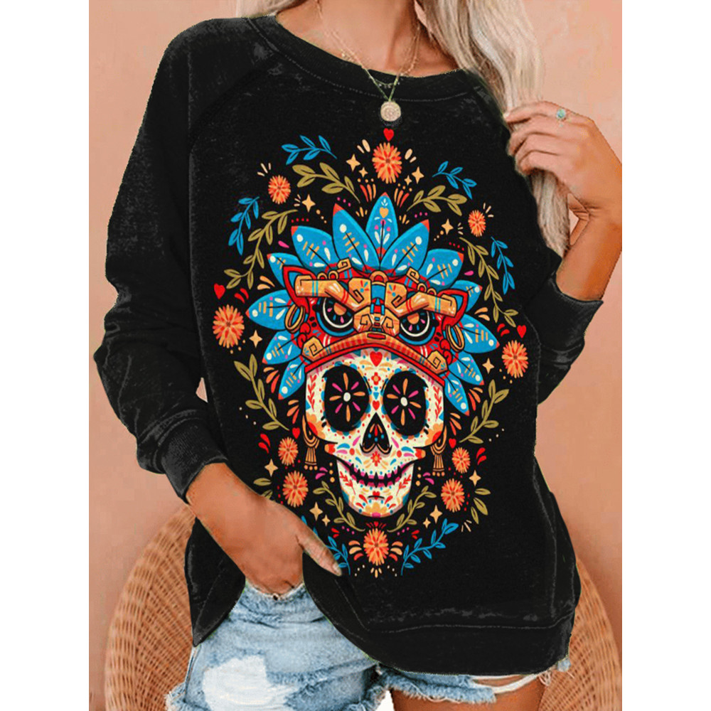 Casual Floral Skull Print Long Sleeve Sweatshirt