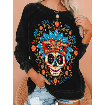 Casual Floral Skull Print Long Sleeve Sweatshirt