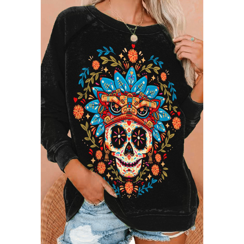 Casual Floral Skull Print Long Sleeve Sweatshirt