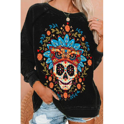 Casual Floral Skull Print Long Sleeve Sweatshirt