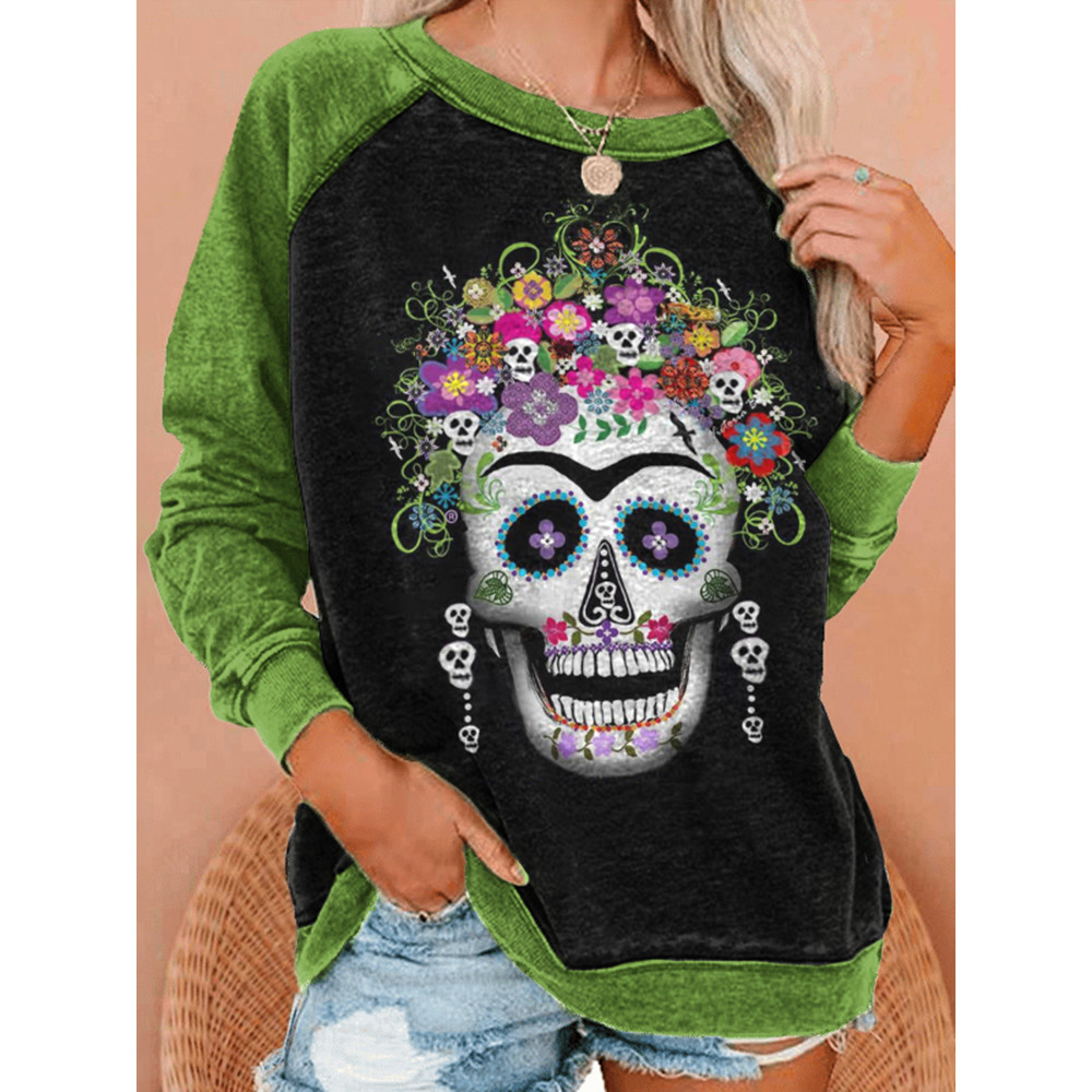 Casual Floral Skull Print Sweatshirt