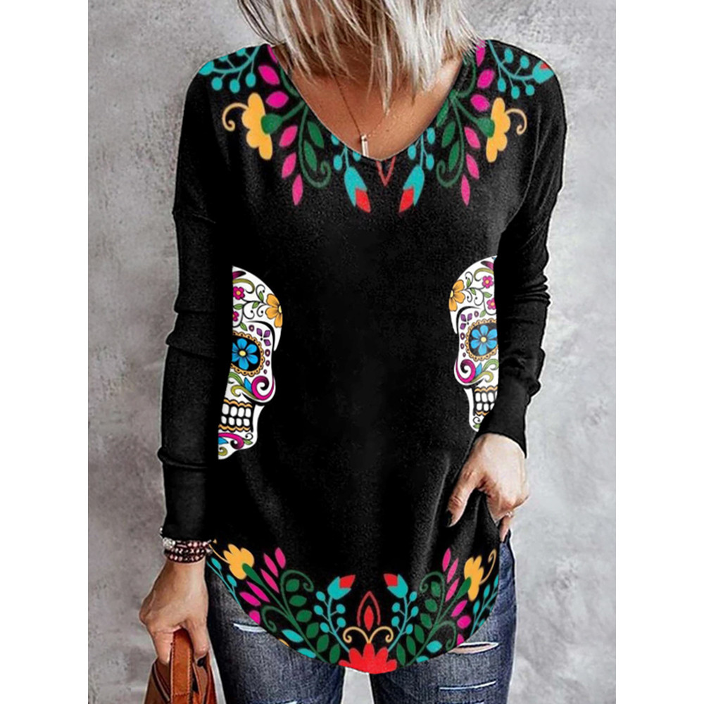 Casual Floral Skull Print T-Shirt