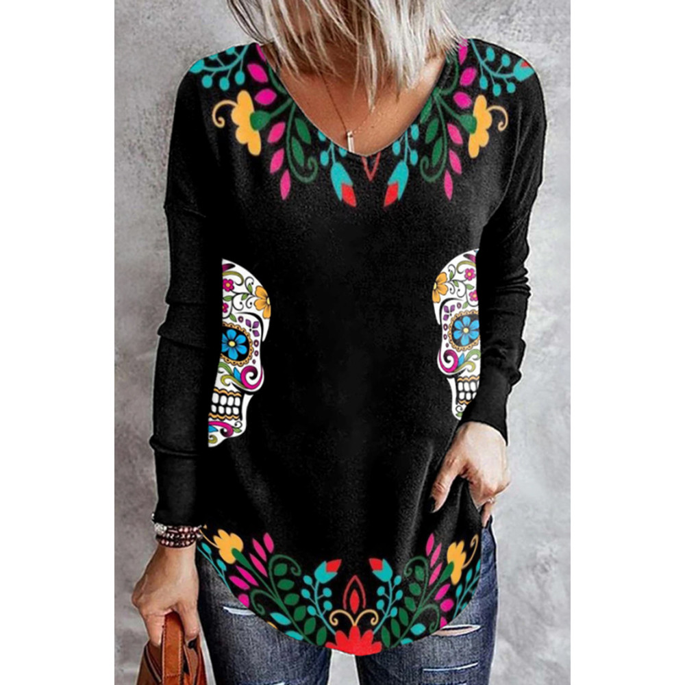Casual Floral Skull Print T-Shirt