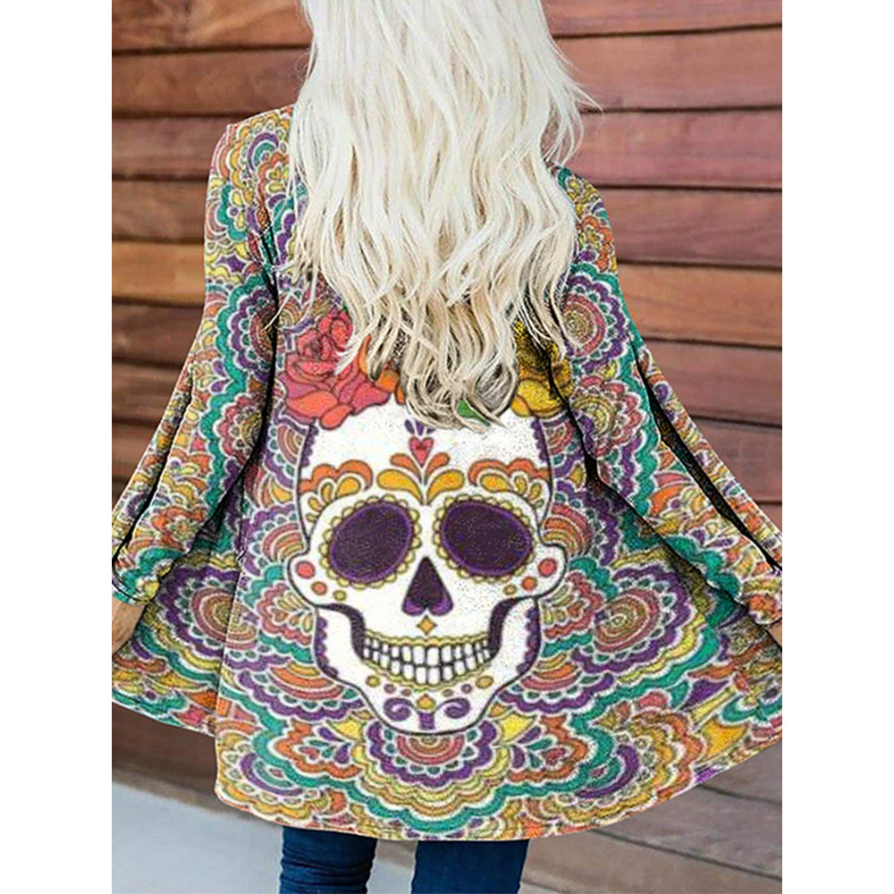 Casual Mandala Skull Print Cardigan