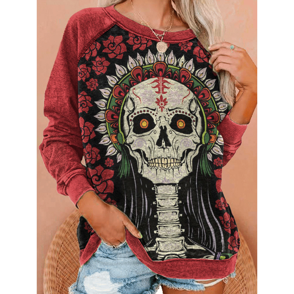 Casual Rose Skull Print Sweatshirt