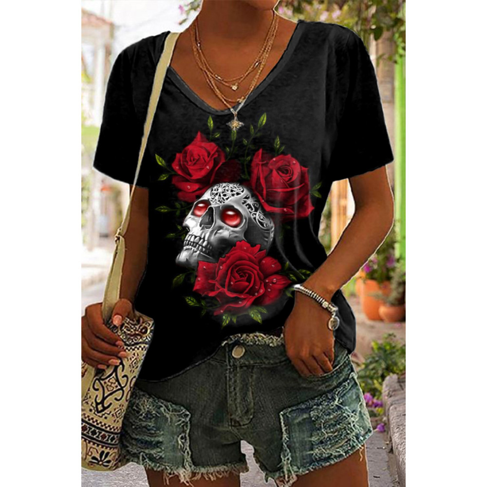 Casual Rose Skull Print T-Shirt