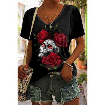 Casual Rose Skull Print T-Shirt