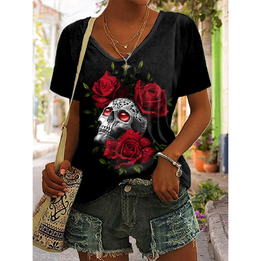 Casual Rose Skull Print T-Shirt